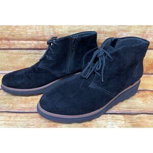 Clarks Sharon Hop Wedge Heel Black Suede Ankle Boot Womens 7.5 M / 38 (L7d)